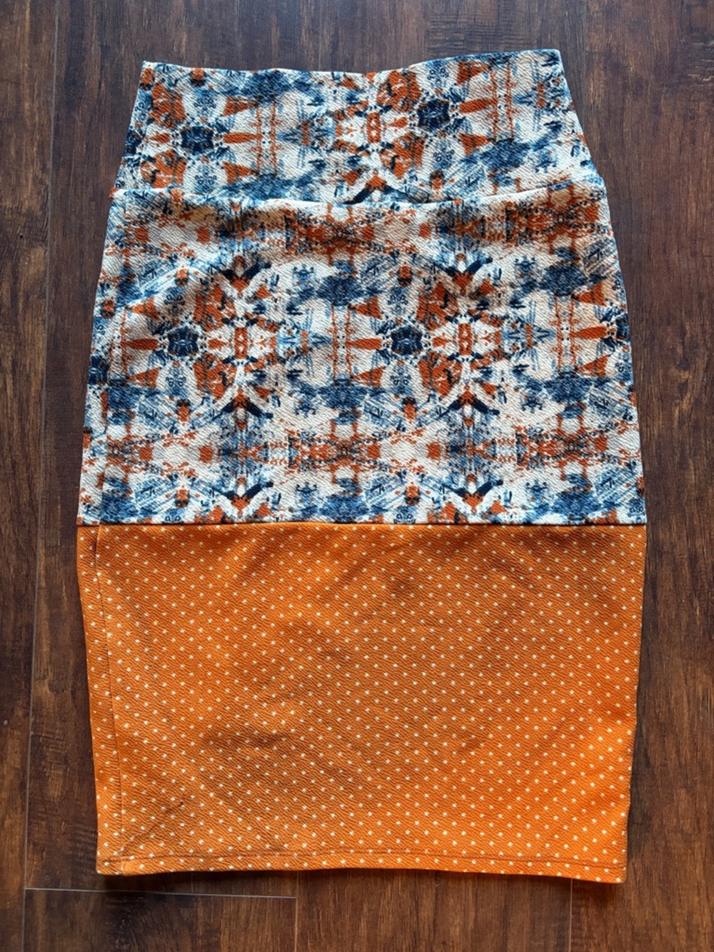 LuLaRoe Orange and Blue Two-Panel Printed Pencil Skirt